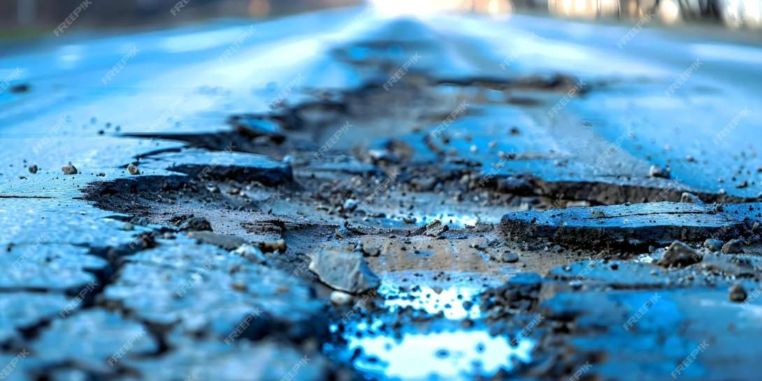 Nahaufnahme eines beschädigten blauen Fahrradbügels mit abgeplatzter Farbe und Schmutz auf der Oberfläche.